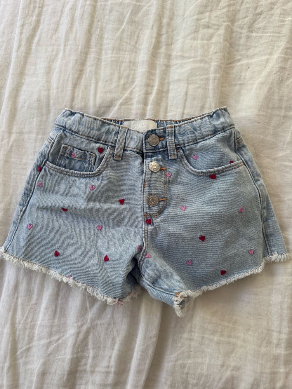 Zara Denim Shorts with Pink & Red Heart Embroidery
